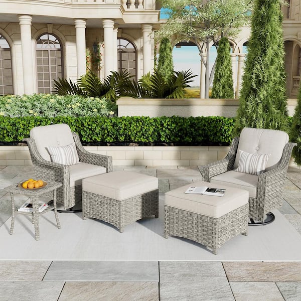weaxty W Tulip E 5-Piece Wicker Swivel Outdoor Rocking Chairs Patio Conversation Set with Beige Cushions