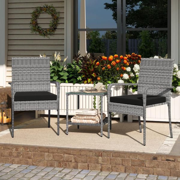 3 Piece Patio Furniture Set with Seat Cushions and Tempered Glass Tabletop Black