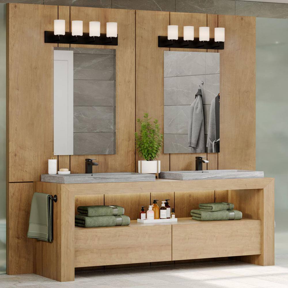 Elegant Matte Black 4-Light Vanity with Etched Glass Shades