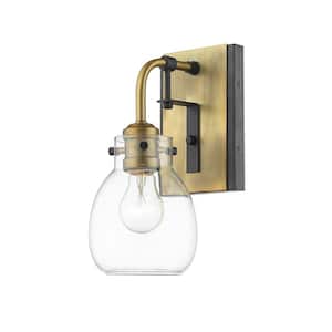 Kraken 5.25 in. 1-Light Matte Black and Olde Brass Wall Sconce Light with Clear Glass Shade with No Bulbs Included