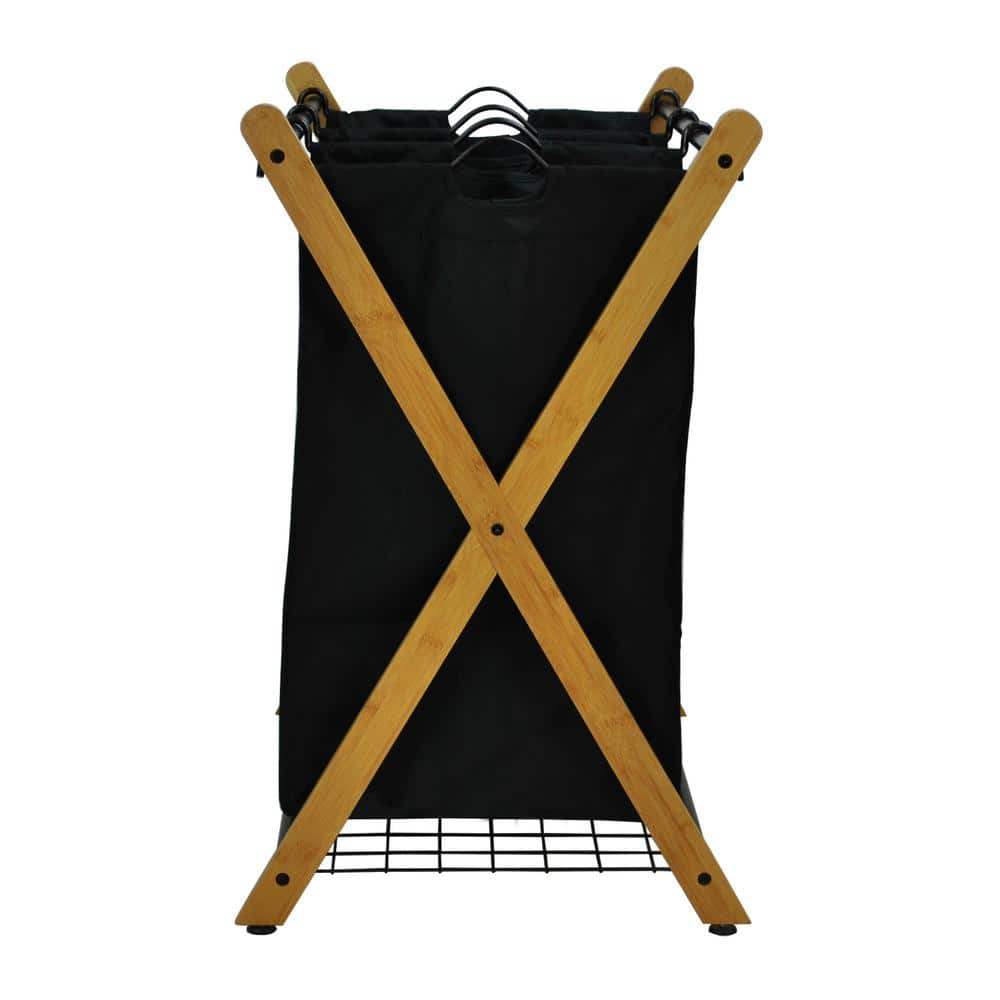 Black Bamboo X-Frame 3-Bag Laundry Sorter with Wire Handles