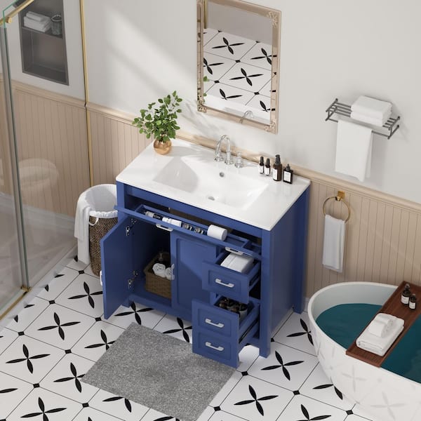 36 in. Single Sink Freestanding Blue Bath Vanity with White Ceramic Top Unassembled
