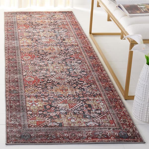 Tucson Navy/Rust 3 ft. x 10 ft. Machine Washable Floral Border Runner Rug