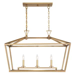 Townsend 32 in. W x 21 in. H 3-Light Warm Brass Linear Chandelier with Metal Cage Frame