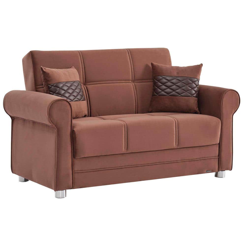 Chenille Brown Microfiber Loveseat with Round Arm and Storage