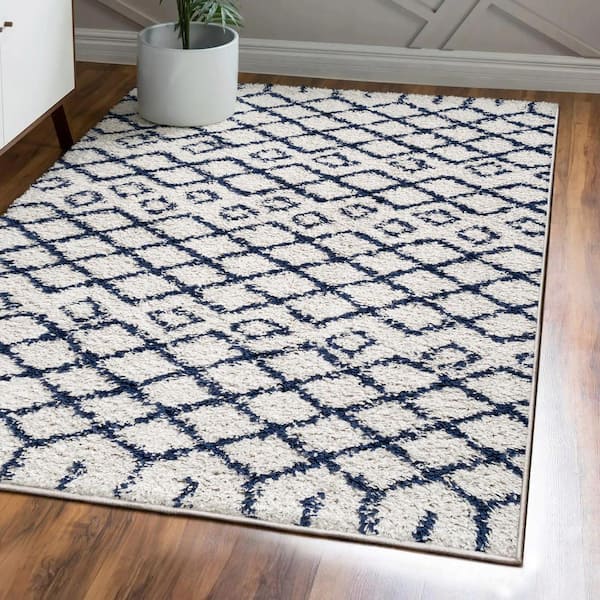Algaida Moroccan Diamond Shag Beige/Navy 8 ft. x 10 ft. Area Rug