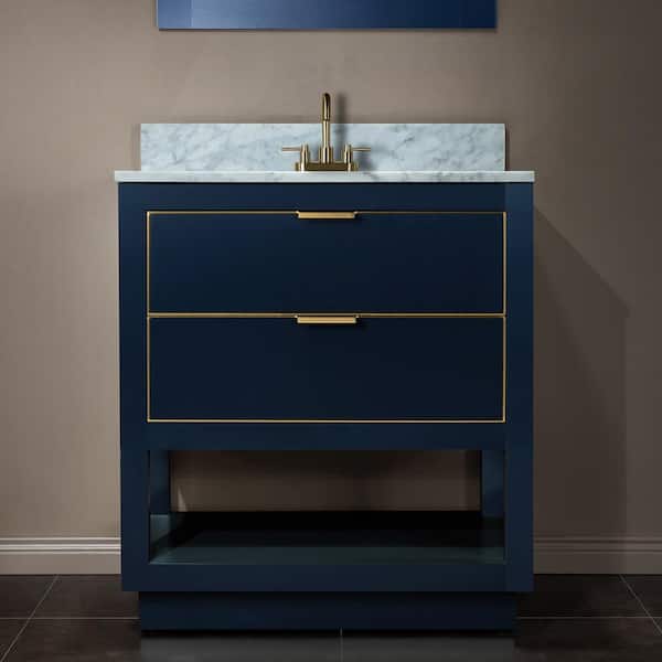 WOODBRIDGE Venice 31 in.W x 22 in.D x 38 in.H Bath Vanity in Navy Blue with Marble Vanity Top in White with White Sink