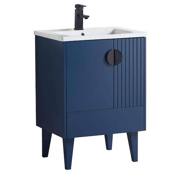 FINE FIXTURES Venezian 24 in. W x 18.11 in. D x 33 in. H Bathroom Vanity Side Cabinet in Navy Blue with White Ceramic Top
