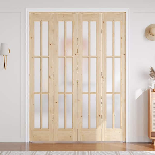 60 in. x 80 in. 6-Lite Frosted Glass Brown Unfinished Solid Core Wood Bi-Fold Door with Hardware