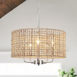 18.89 in. 5 light Nickel Bohemian Pendant Design Drum Chandelier with Natural Rattan Shade and No Bulbs Included
