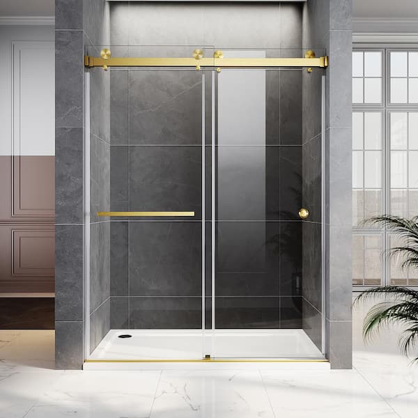 UKD01 56 to 60 in. W x 80 in. H Double Sliding Frameless Shower Door in Satin Brass, 3/8 in. Opti-White Clear Glass