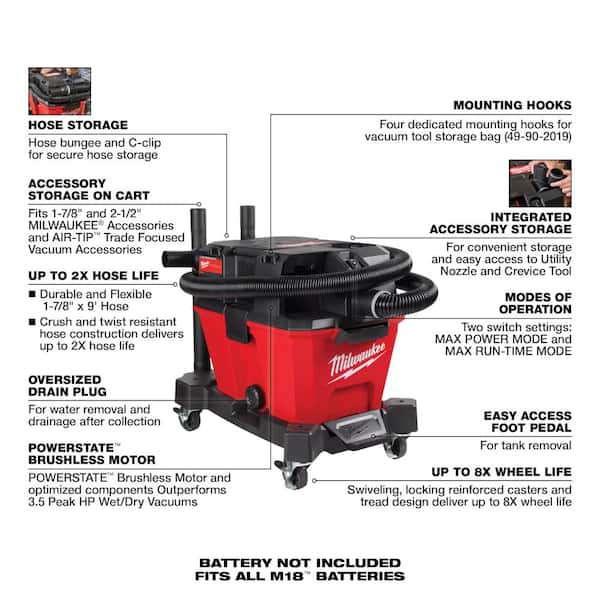 Milwaukee M18 FUEL 6 Gal. Cordless Wet/Dry Shop Vacuum W/Filter, Hose and AIR-TIP 1-1/4 in. - 2-1/2 in. Right Angle Tool and Bag