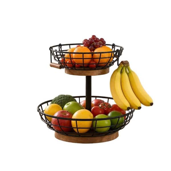 1-Piece Metal Basket with Wooden Base 2-Tier Fruit Basket Bowl with Banana Hanger for Kitchen Counter Organizer