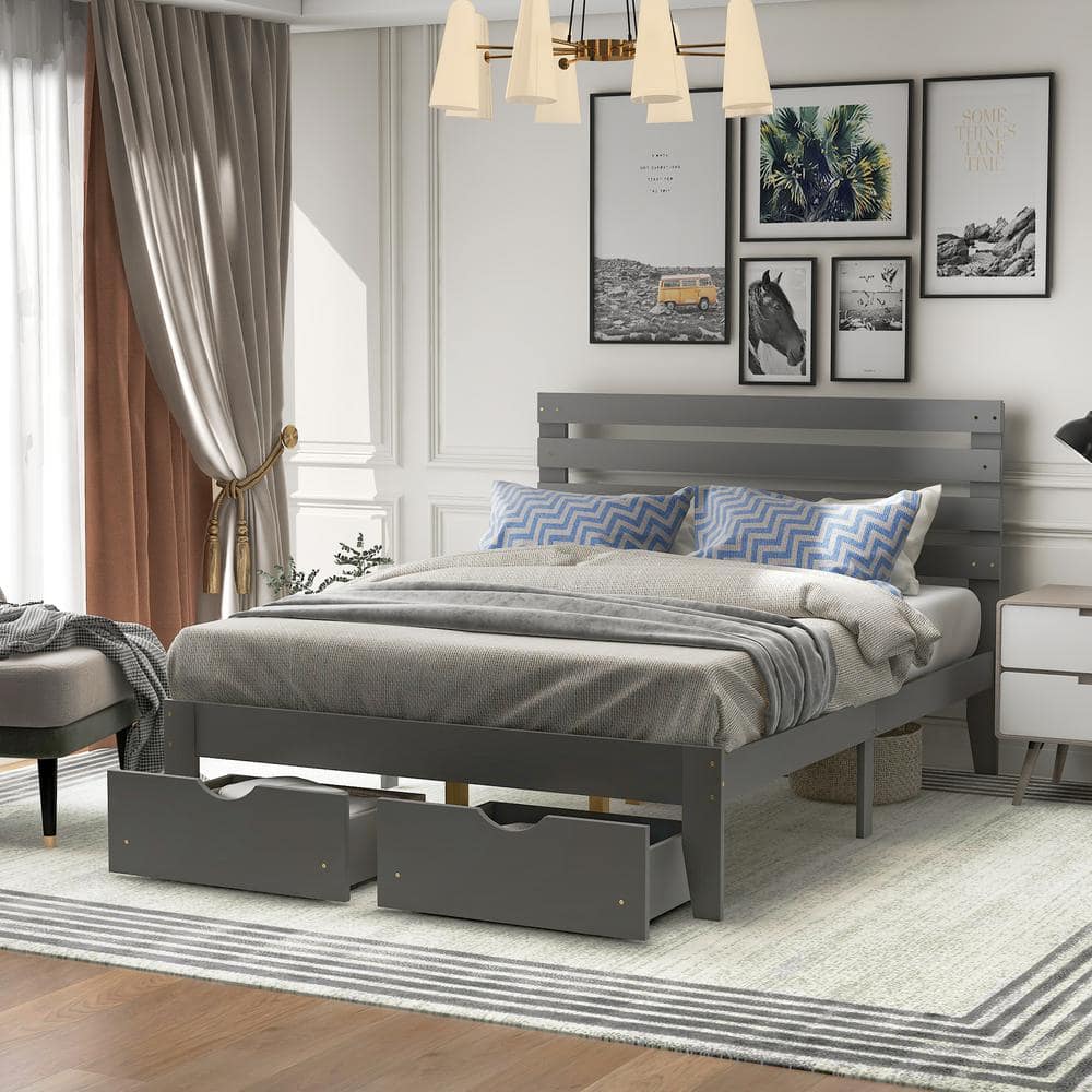 Harper & Bright Designs Gray Wood Frame Full Size Platform Bed with 2 ...