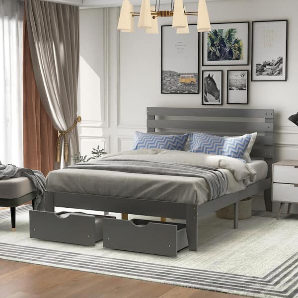 Harper & Bright Designs Gray Wood Frame Full Size Platform Bed with 2-Drawers