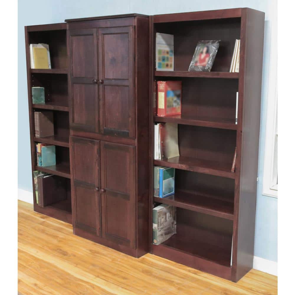 Cherry Finish Tall Wood Bookcase Wall with Adjustable Shelves and Doors
