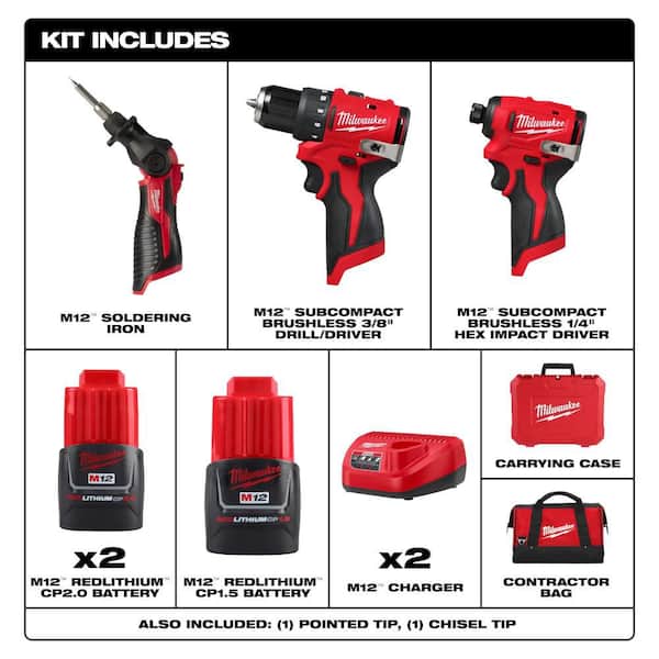 M12 12-Volt Lithium-Ion Cordless Soldering Iron Kit with 1. 5Ah Battery Charger, Hard Case, &Drill Impact Driver Kit
