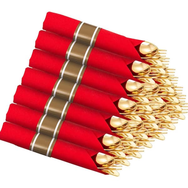 Gold Finish 120-Piece Modern Plastic Pre-Wrapped Silverware Set with Napkin, Christmas Cutlery Suitable for Holiday