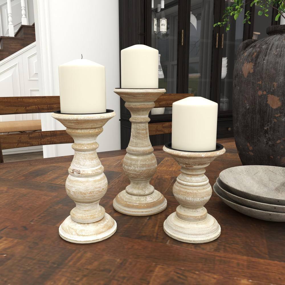 Winter Elegance Cream Mango Wood Pillar Candlestick Trio