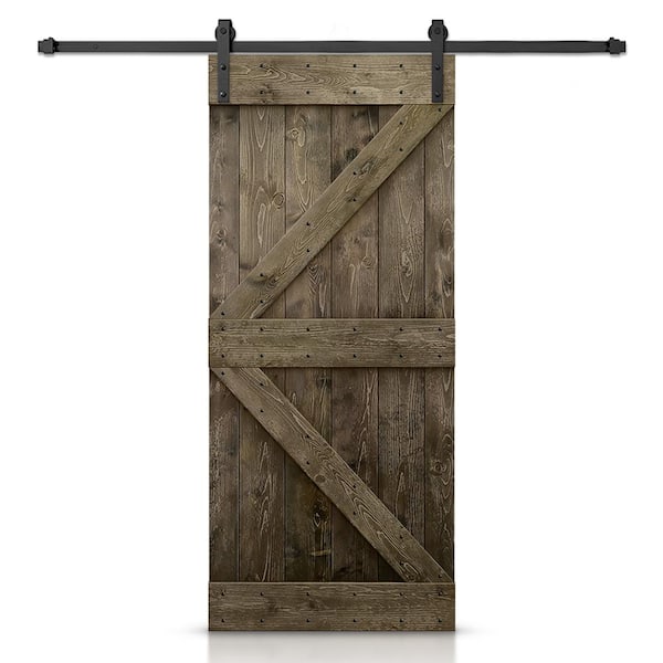 CALHOME Distressed K Series 26 in. x 84 in. Espresso Stained DIY Wood Interior Sliding Barn Door with Hardware Kit