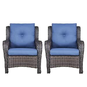 Brown Wicker Outdoor Patio Lounge Chair with CushionGuard Blue Cushions (2-Pack)