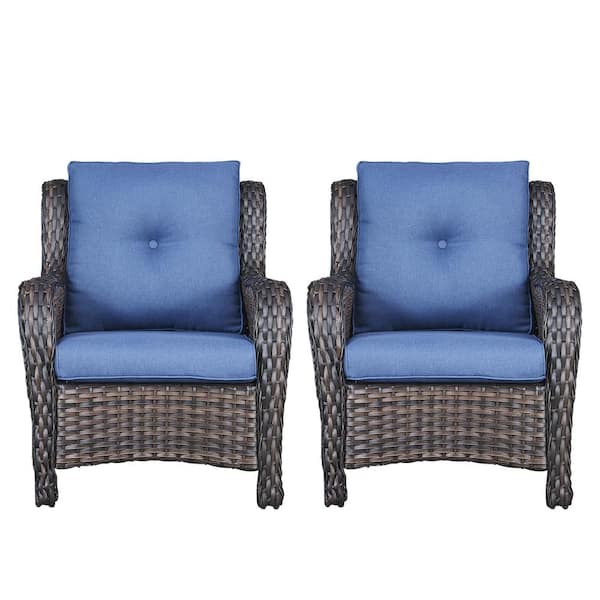Pocassy Brown Wicker Outdoor Patio Lounge Chair with CushionGuard Blue Cushions (2-Pack)