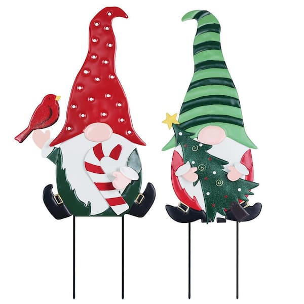 20 in. Gnomes Decorative Garden Stakes for Christmas Decor, Metal Yard Signs Xmas Decorations for Garden, Red (2-Pack)
