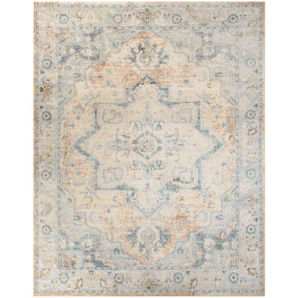 Astra Machine Washable Beige Blue 9 ft. x 12 ft. Center medallion Traditional Area Rug