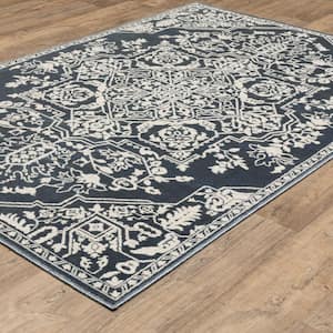 Imperial Blue/Ivory 10 ft. x 13 ft. Center Oriental Medallion Polyester Indoor Area Rug