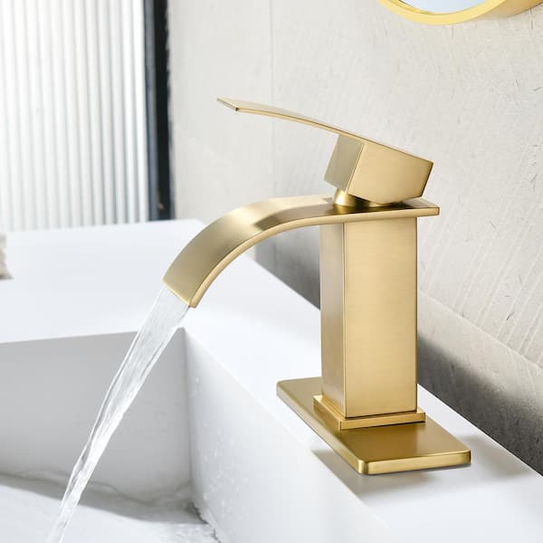 Single Handle Single Hole Bathroom Faucet with Deckplate&Drain Included, Wide Spout Waterfall Faucet in Brushed Gold