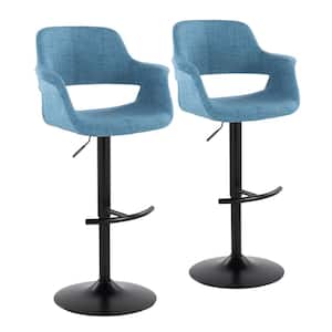 Vintage Flair 47.5 in. Blue Fabric and Black Metal High Back Adjustable Bar Stool with Rounded "T" Footrest (Set of 2)