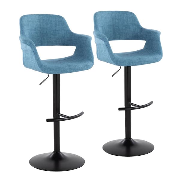 Lumisource Vintage Flair 47.5 in. Blue Fabric and Black Metal High Back Adjustable Bar Stool with Rounded "T" Footrest (Set of 2)