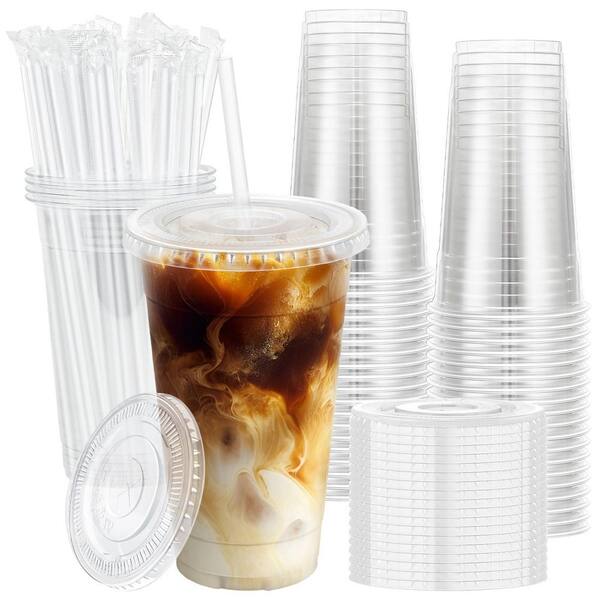 20 oz. Disposable Plastic Cups with Lids and Straws for To-Go Cold Drinks, Smoothies and Slushie, Clear (100-Pack)