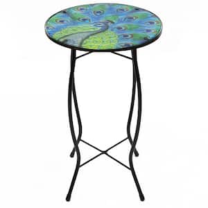 19 in. Blue and Green Peacock Glass Patio Side Table