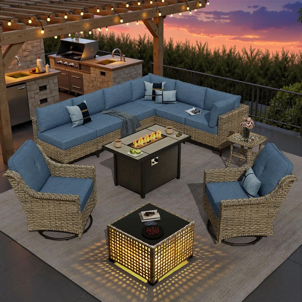 OVIOS Holly Gray 11-Piece Wicker Rectangle Fire Pit Patio