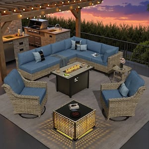OVIOS Holly Gray 11-Piece Wicker 54 in. Rectangle Fire Pit Patio