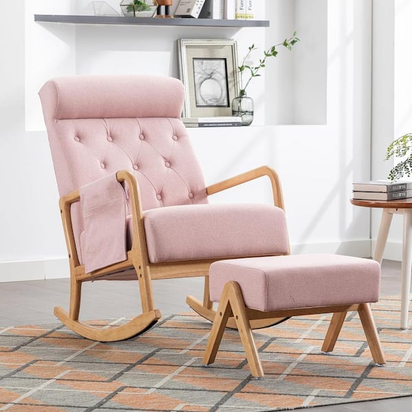 CSC DECOR INC Mid-Century Modern Pink Upholstered Fabric Rocking Chair Nursery With Ottoman Set of 2 with Thick Padded Cushion