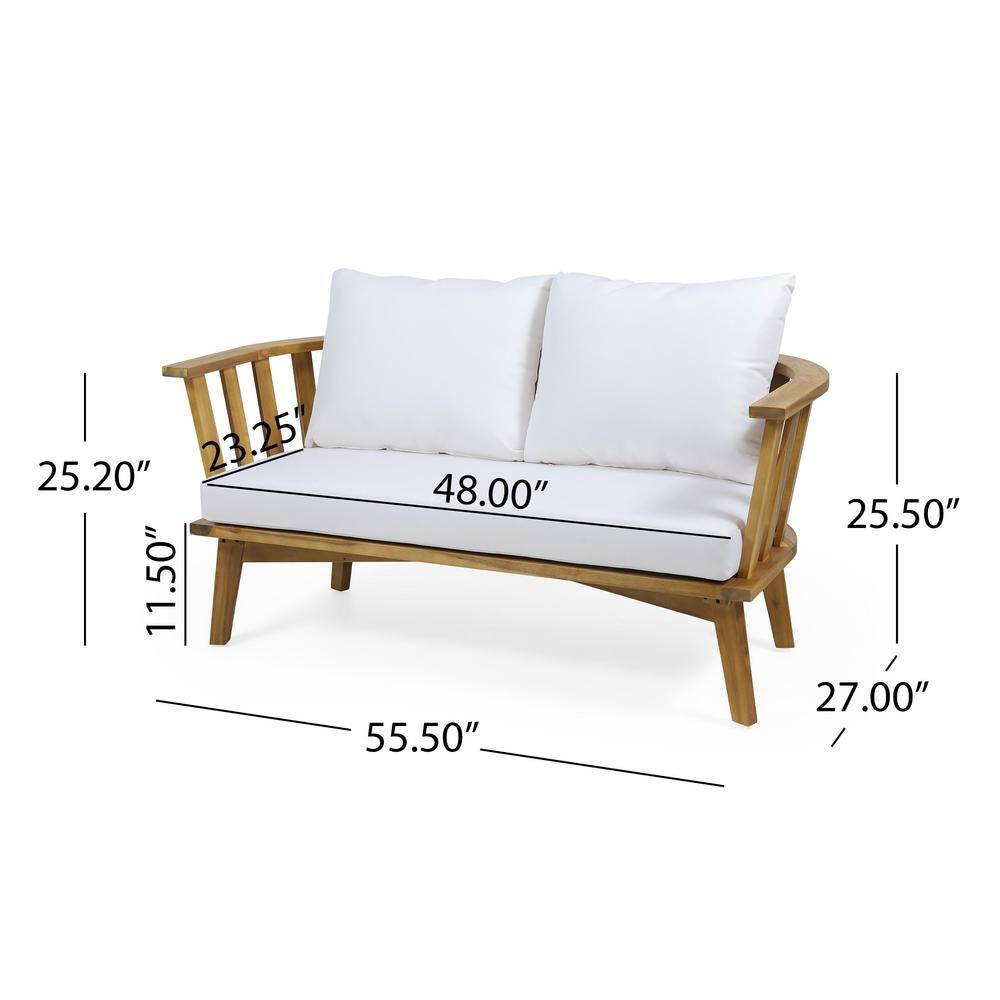 Teak Brown Wood Outdoor Loveseat with White Cushions