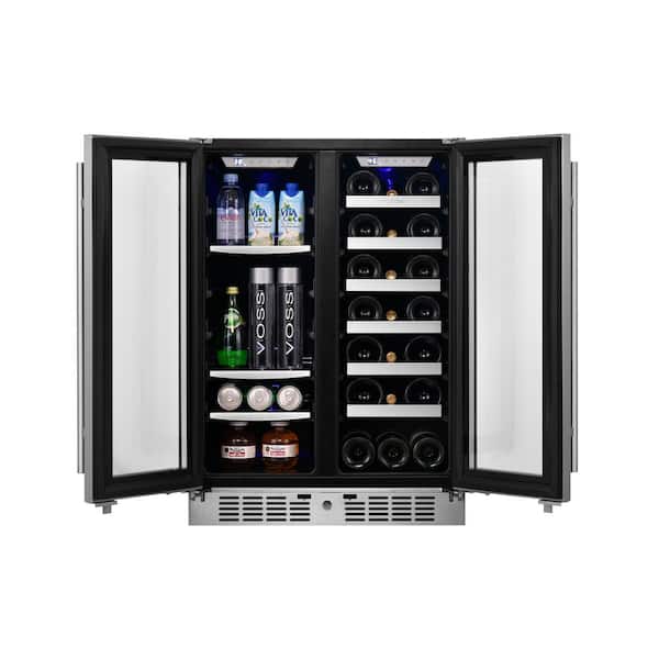 Transcend 24 in. 64 Can and 20-Bottle Seamless Stainless Steel French Door Dual Zone Built-In Beverage and Wine Cooler