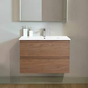 Modern 30 in. W x 18.3 in. D x 20.5 in. H Floating Bath Vanity Cabinet in Brown Oak with White Ceramic Top