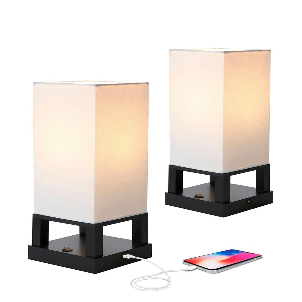 Maxwell 14 in. Classic Black Wood Modern LED Bedside Table Lamp with Beige Fabric Shade and Built-In USB Port (2-Pack) price history on PriceWatchPro