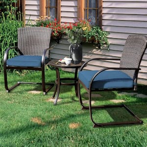 Dark Brown 3-Piece Wicker Round Table Patio Outdoor Dining Bistro Set with Peacock Blue Cushion for Balcony, Backyard