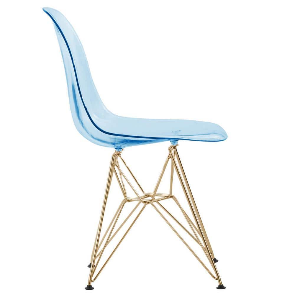 Side chair with blue translucent seat and gold frame.