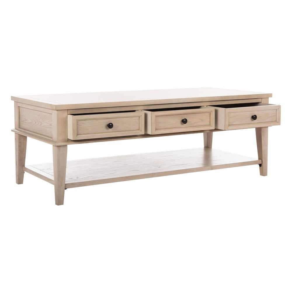 White Wash Elm Wood Coffee Table with Storage Drawers