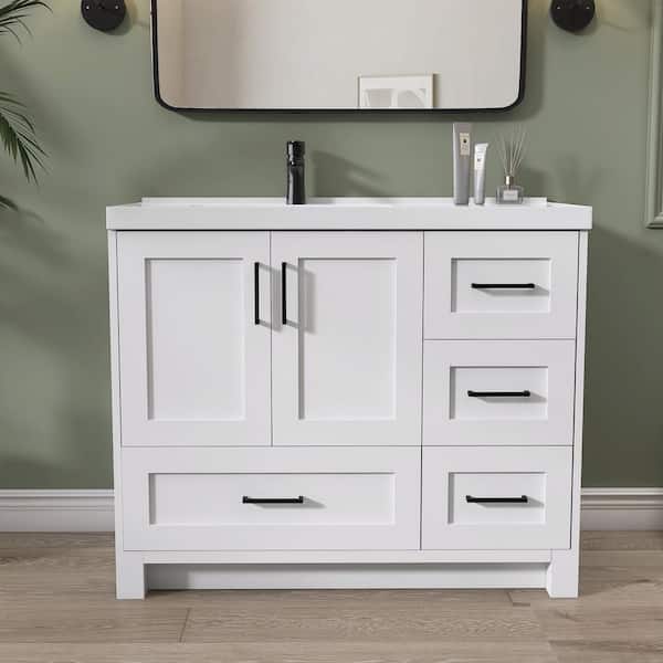 42 in. W x 21.5 in. D x 35.5 in. H Freestanding White Bath Vanity and Solid Surface Top Single Basin Bathroom Cabinet