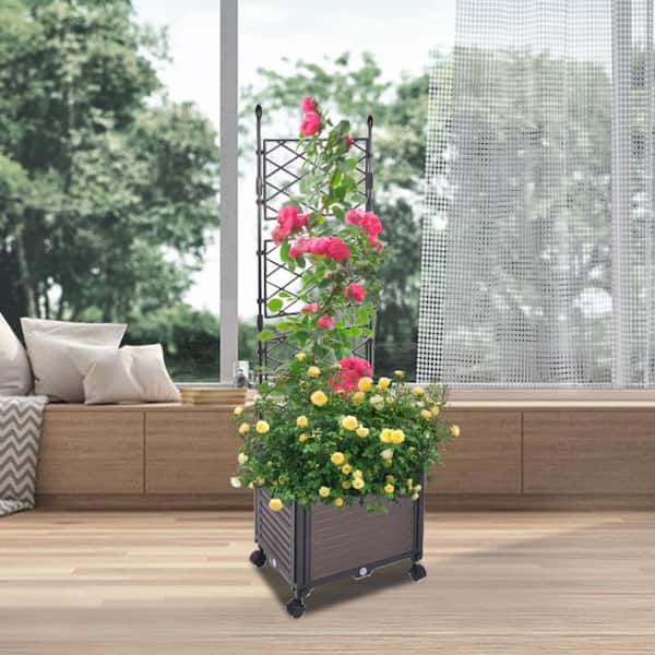 Wellco 47 in. Premium Plastic Raised Garden Bed Planter Box with Trellis Planter Box for Climbing Plants Vegetables Flowers