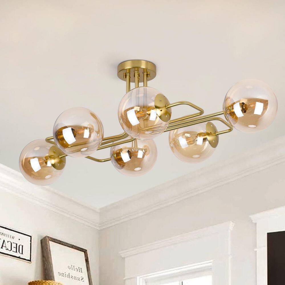 36.6 in. 6-Light Gold Sputnik Modern Linear Bubble Semi-Flush Mount Ceiling Light with Amber Glass Shade price history on PriceWatchPro