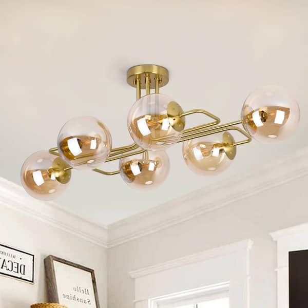 36.6 in. 6-Light Gold Sputnik Modern Linear Bubble Semi-Flush Mount Ceiling Light with Amber Glass Shade