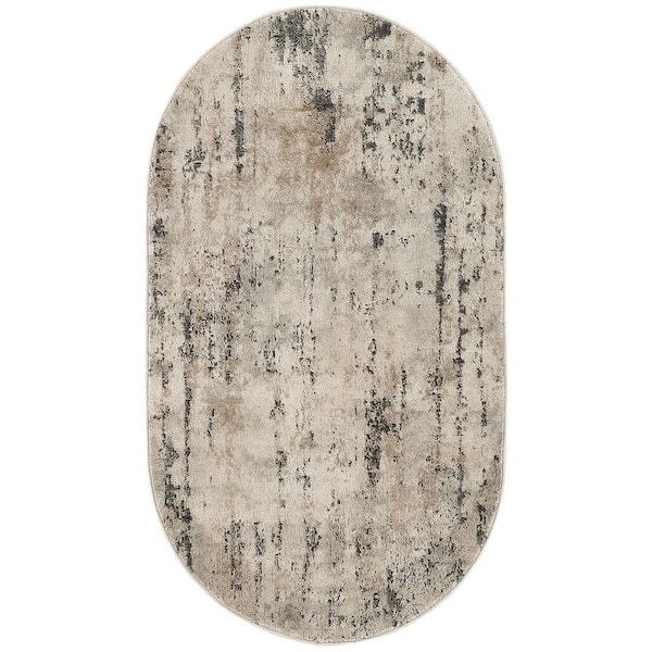 3 ft. x 5 ft. Beige and Gray Abstract Power Loom Oval Area Rug