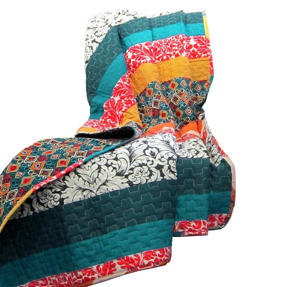 Boho Stripe Turquoise and Tangerine Reversible Cotton Throw Blanket